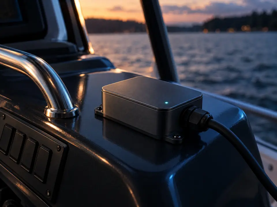 AI concept render: a small graphite monitoring unit with one cyan status light, mounted on a boat's helm at dusk.