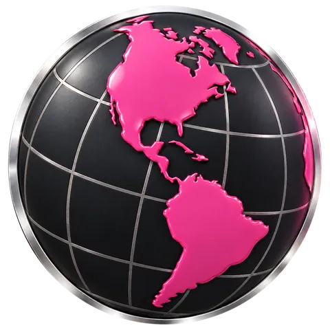 AI concept render of the Hefty Industries globe emblem: a dark sphere with the Americas in raised pink enamel and a polished steel ring.