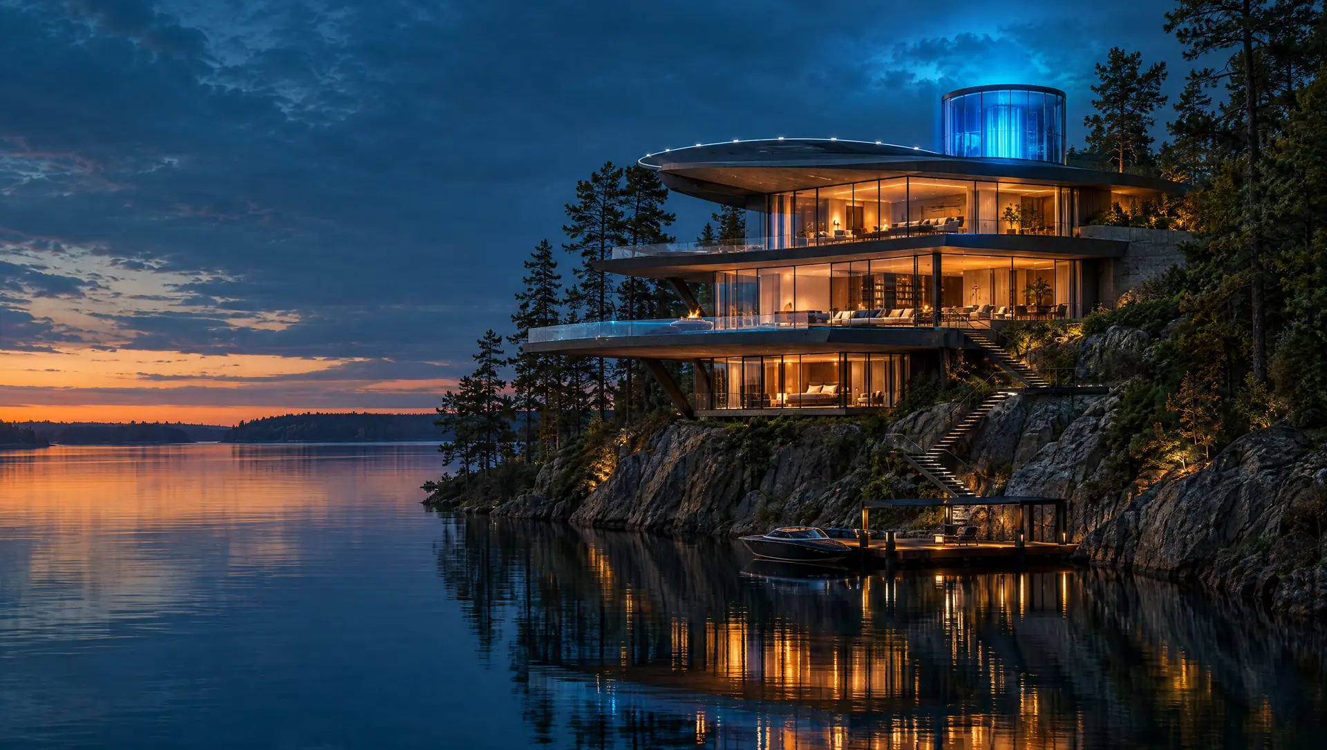 AI concept render: a multi-level glass and concrete headquarters on a granite cliff above a pine-lined lake at dusk, warm light in every window, a glowing blue glass core and a lit landing deck on the roof, a boat at the dock below.