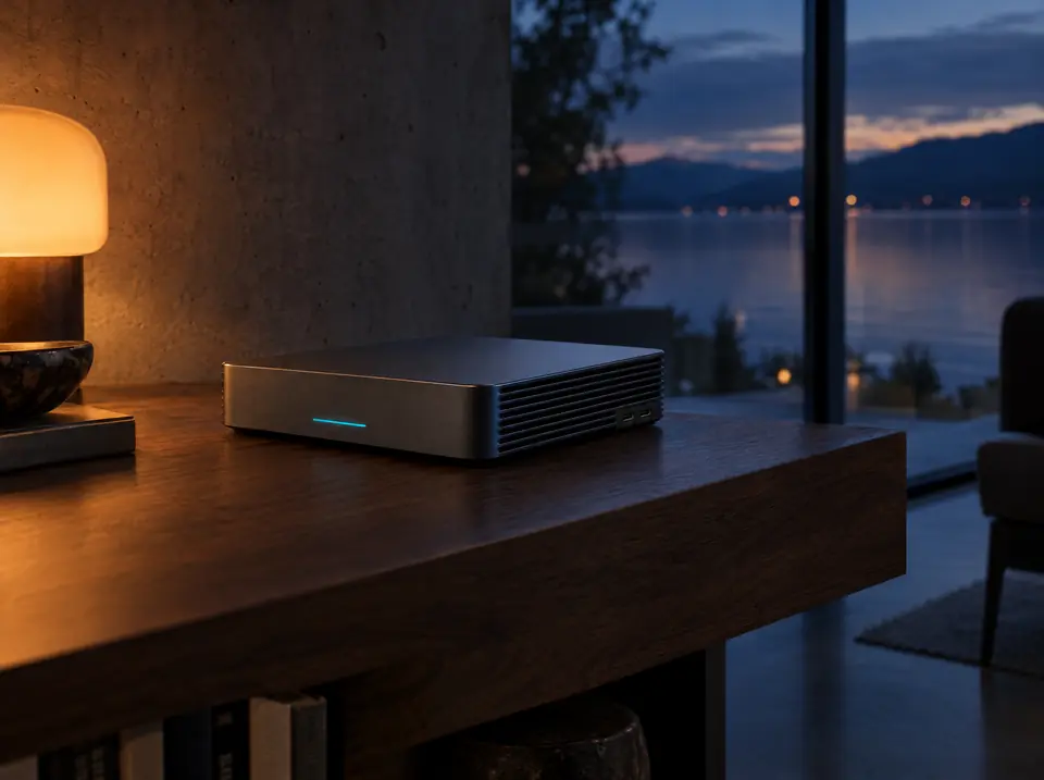 AI concept render: a small fanless server box with a thin cyan light, on a walnut shelf beside a lamp, a lake at dusk through the window.