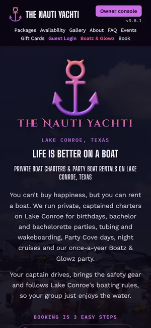 Screenshot of thenautiyachti.com on a phone: the menu with Packages, Availability and Book, an Owner console button, and the headline Life is better on a boat.