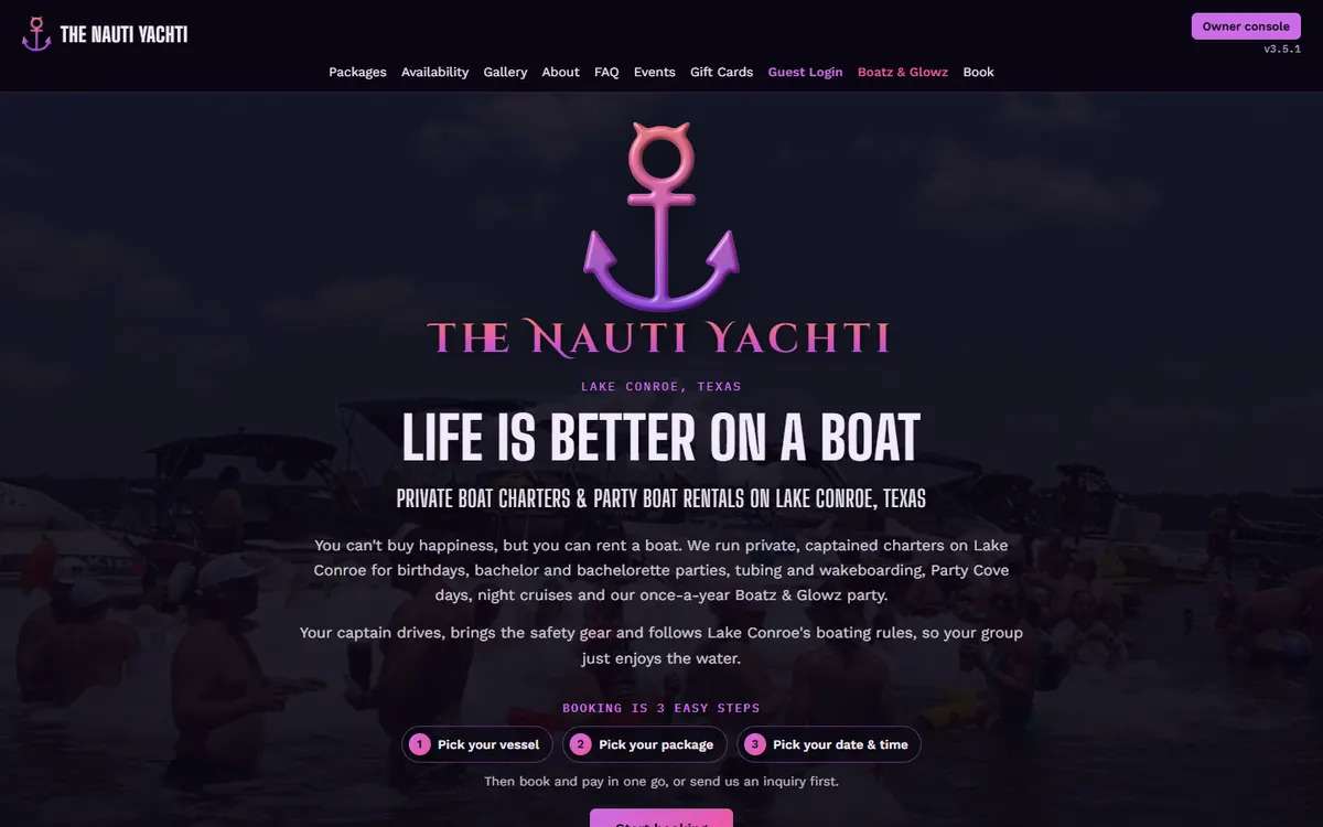 Screenshot of the home page of thenautiyachti.com: the anchor logo, the headline Life is better on a boat, and the three booking steps.