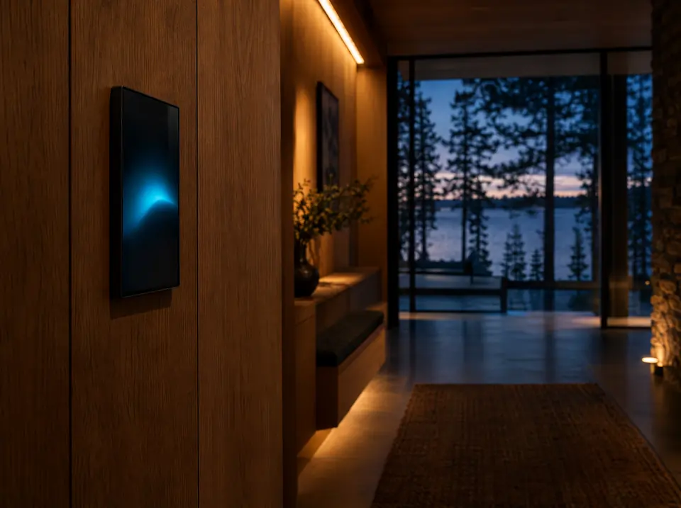 AI concept render: a slim black wall control panel glowing softly in an oak-paneled entry hall, a lake and pines at dusk through the glass.