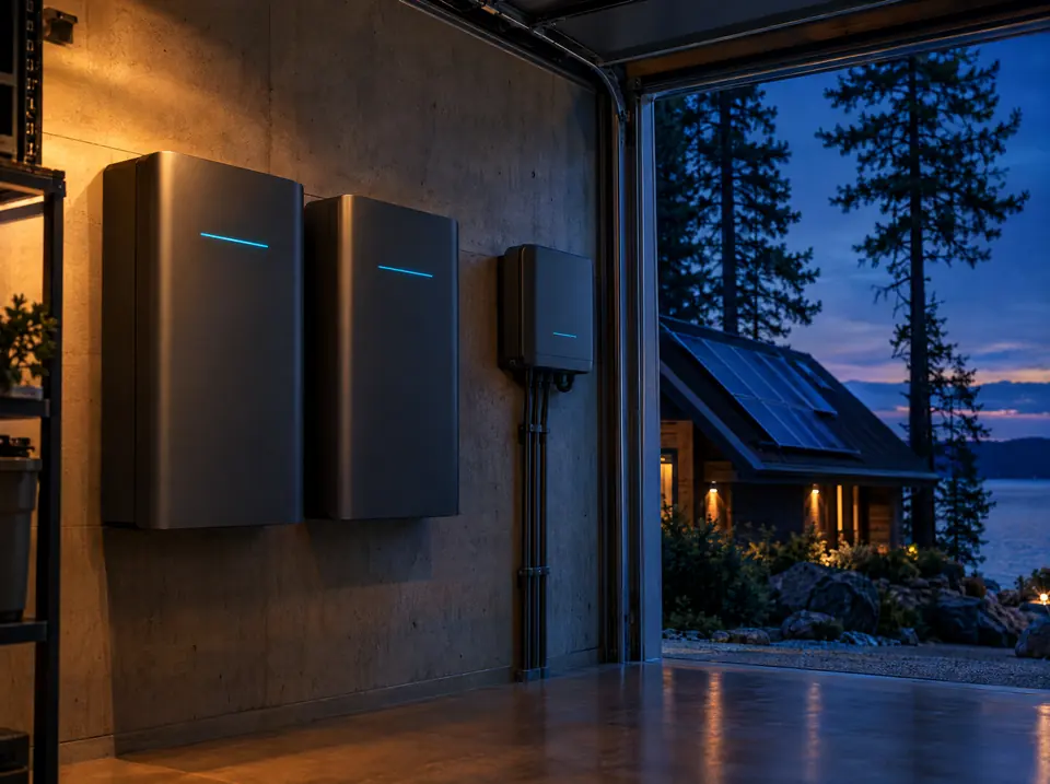 AI concept render: two wall-mounted home battery units and an inverter in a concrete garage, a solar roof and pines at dusk through the open door.