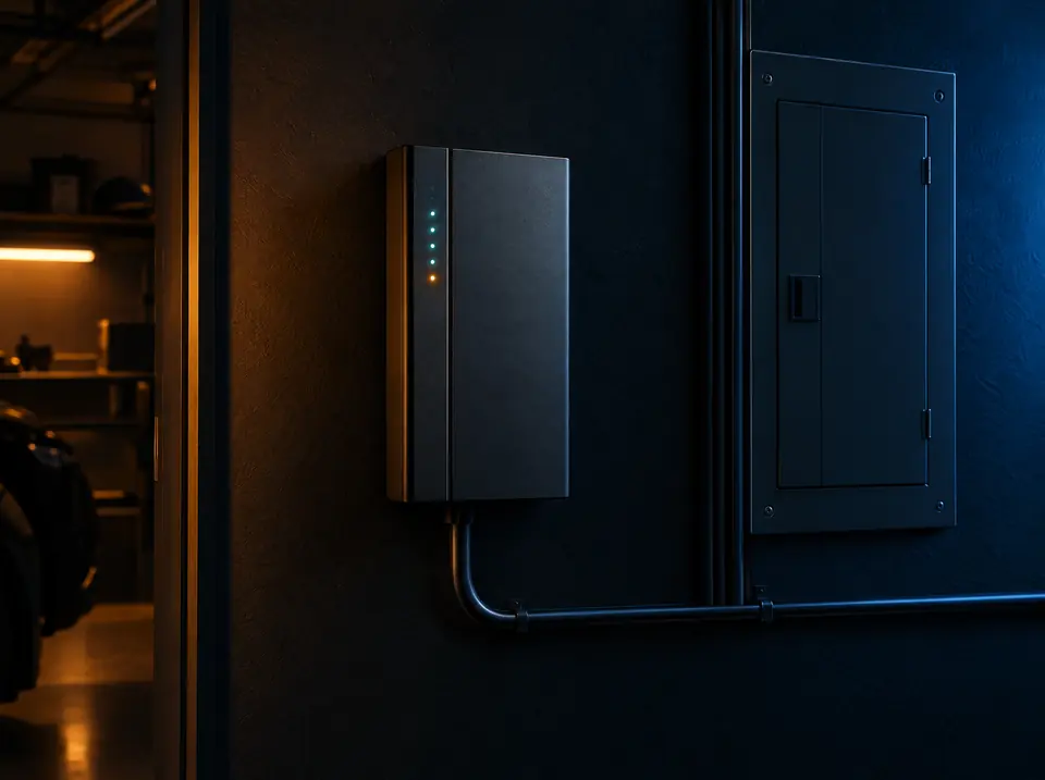 AI concept render: a slim graphite controller with a row of status lights, mounted beside a home breaker panel in a dark garage.